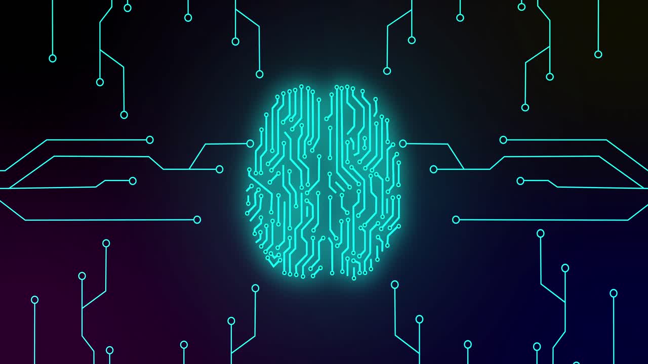 animación de cerebro humano brillante verde con circuito de placa madre de computadora sobre fondo negro