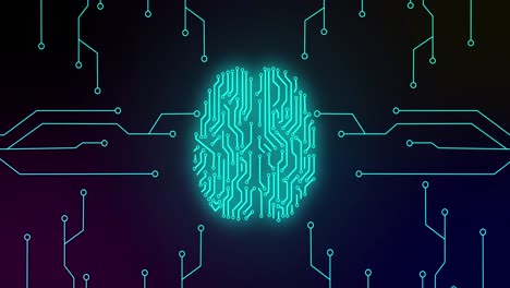 animación de cerebro humano brillante verde con circuito de placa madre de computadora sobre fondo negro