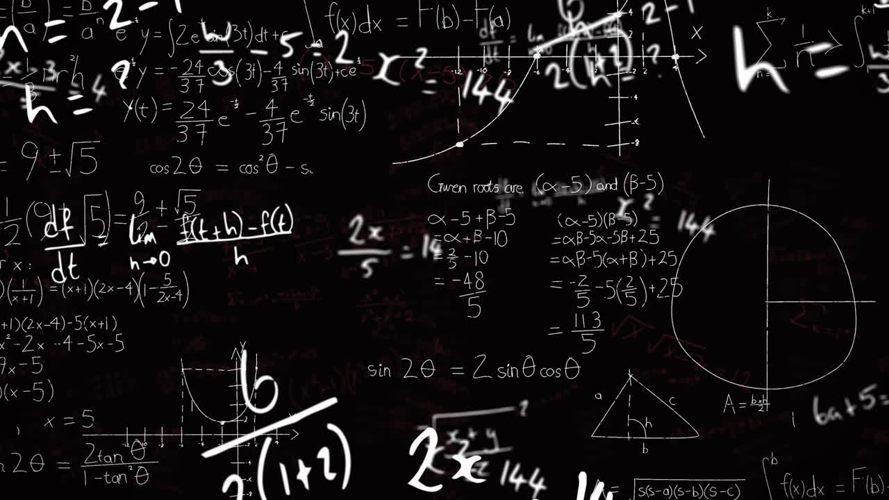 animación de ecuaciones matemáticas, fórmulas y diagramas flotando contra un fondo negro.