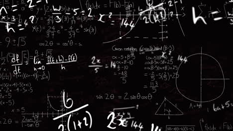 animación de ecuaciones matemáticas, fórmulas y diagramas flotando contra un fondo negro.