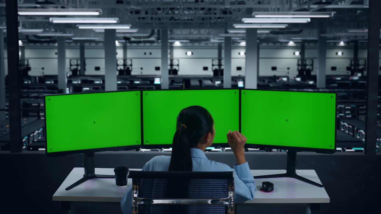 데이터 센터에서 모형 여러 컴퓨터 모니터와 함께 작업하는 동안 피곤한 아시아 여성의 뒷면