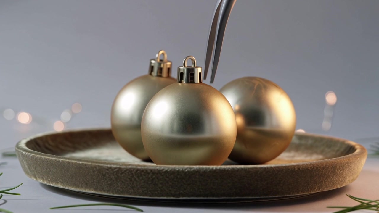 Entering long metal tweezers nudging three gold baubles on textured plate, forming tight triangle