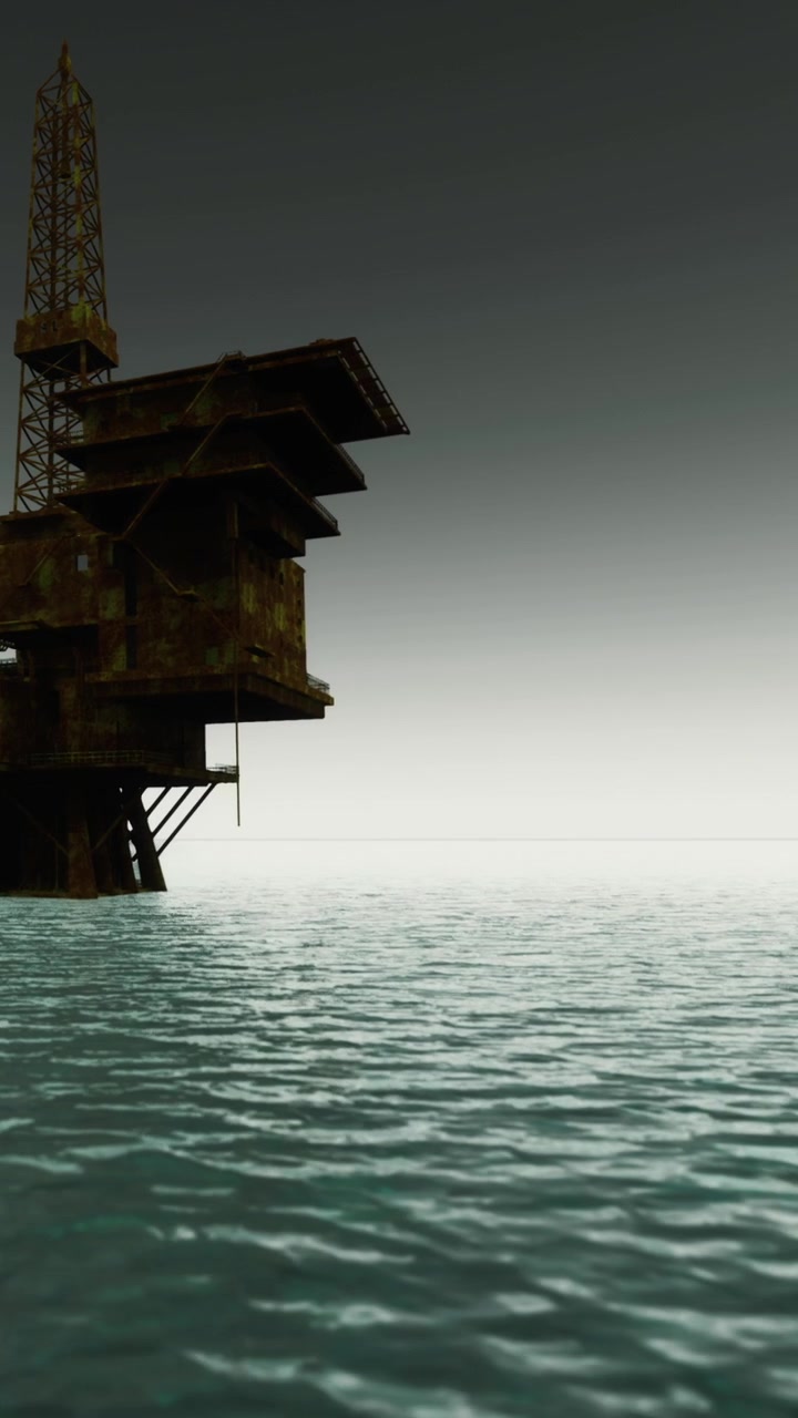 Abandoned oil rig stands in calm water under cloudy sky at dusk