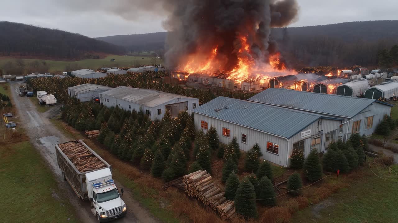 Massive Blaze Consumes Christmas Tree Farm, Dramatically Transforming the Landscape as Flames and Smoke Rage Amidst Surrounding Trees and Structures