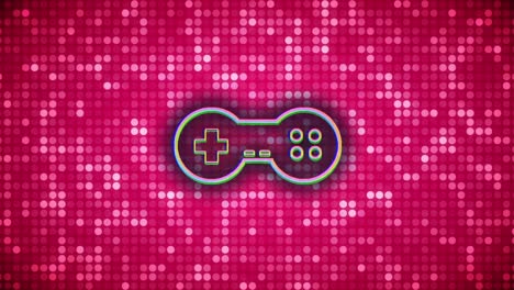 Animation-of-glitched-gaming-console-over-circles-against-pink-background
