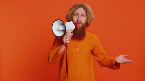 caucasian man talking with megaphone proclaiming news loudly announcing advertisement discounts sale