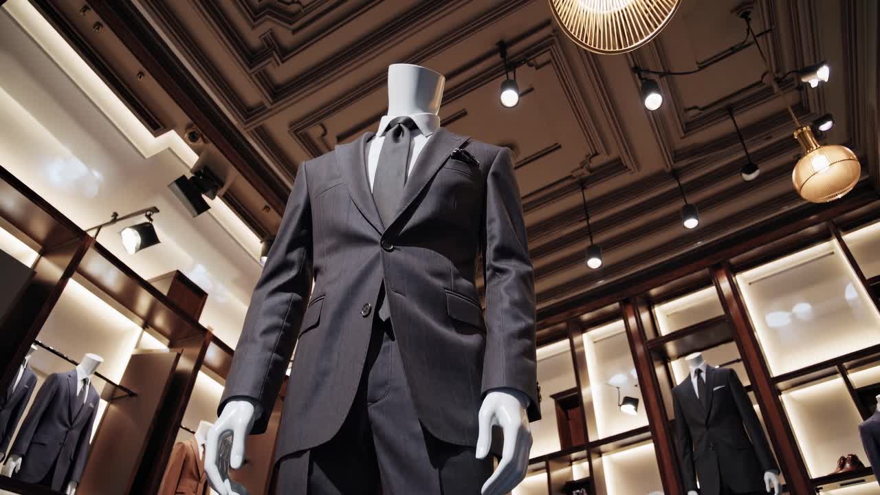 Video en plano contrapicado de un maniquí con un traje a medida, ambientado en una boutique elegante y bien iluminada.