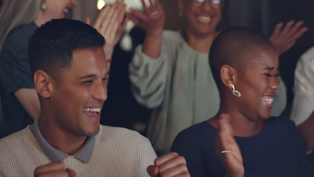 Clapping, winning and business people on computer