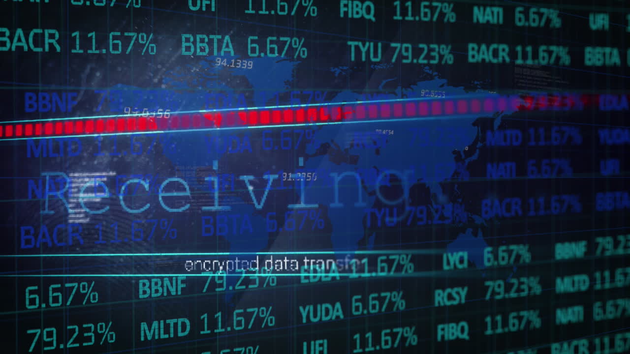 animación del procesamiento de datos del mercado de valores sobre el mapa del mundo contra un fondo negro