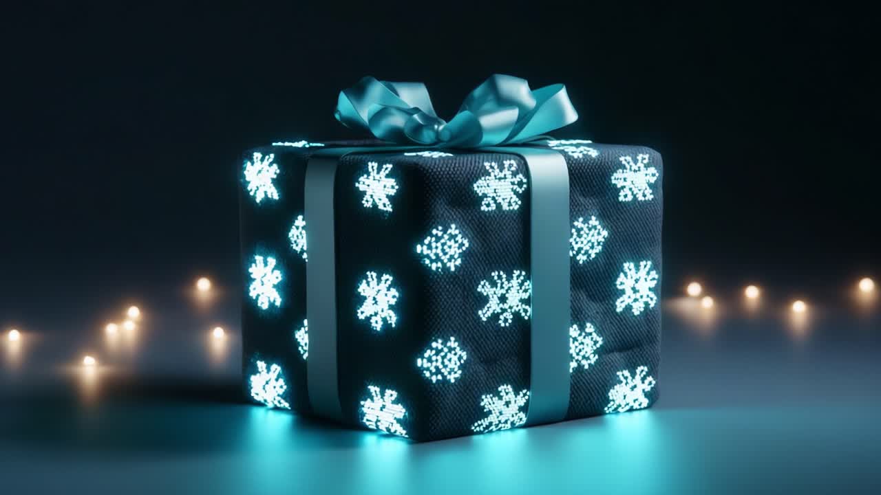 Glistening Holiday Gift Box with Snowflake Decor and a Ribbon, Set Against a Dark Background with Sparkling Lights, Perfect for Winter Celebrations and Festive Occasions