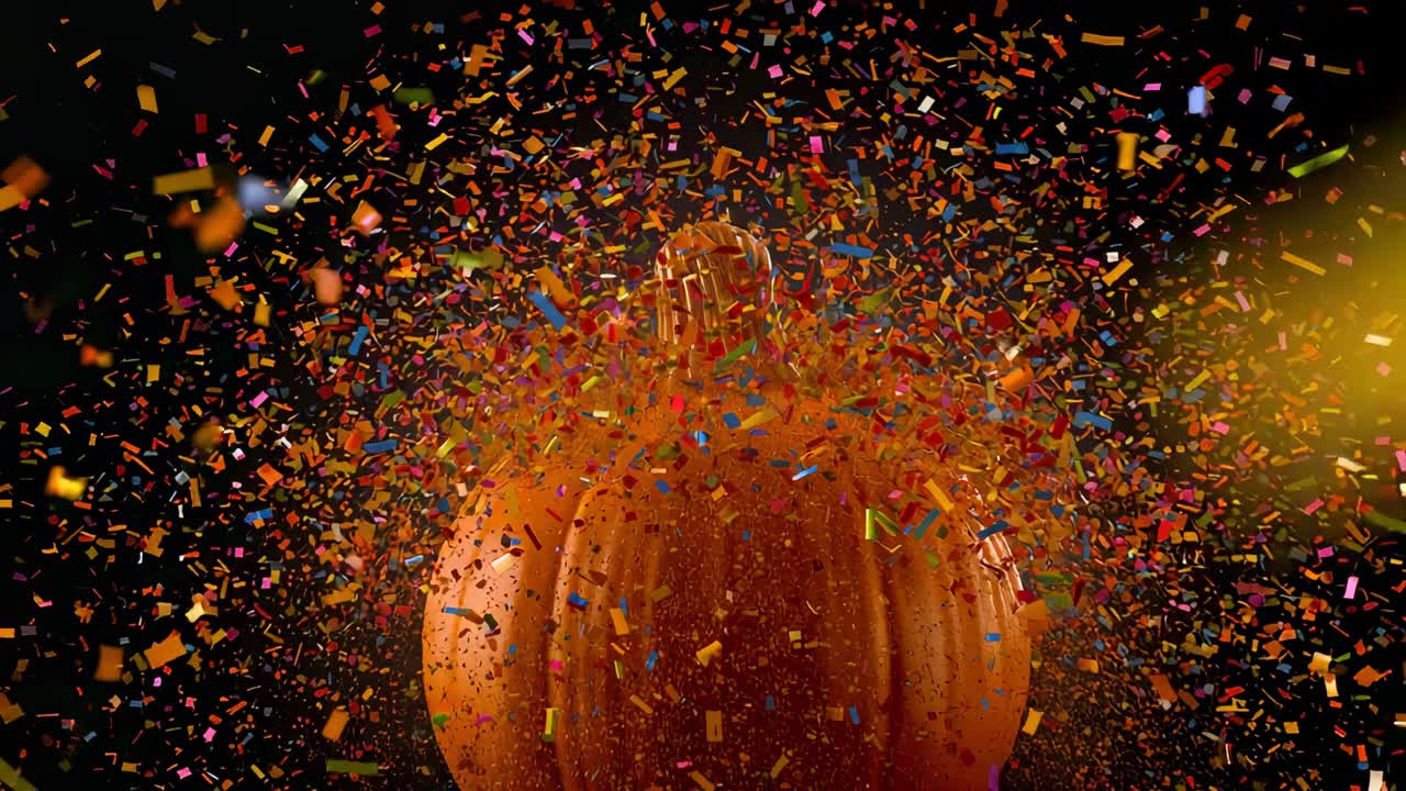 Firing colorful confetti and gold shapes around carved pumpkin in studio, forming swirling effect