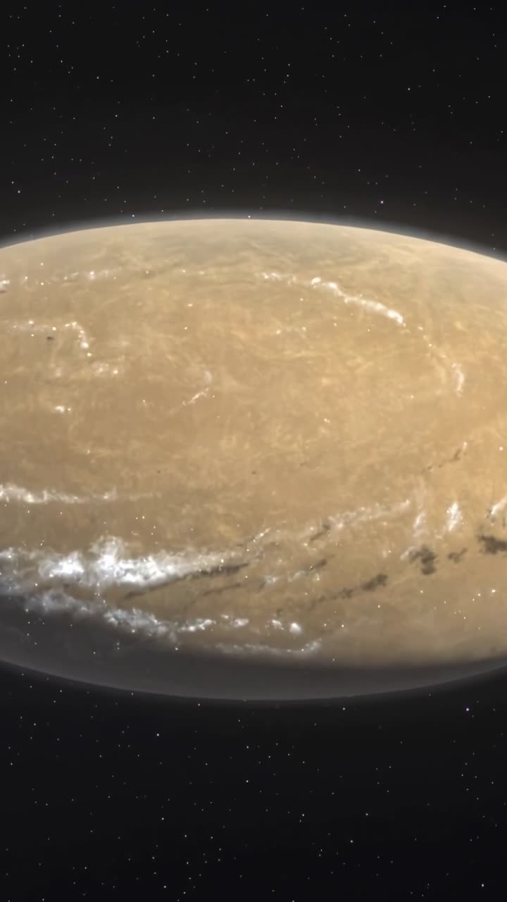 Vertical video: Camera panning revealing sandy planetary disk rotating slowly in space, with halo