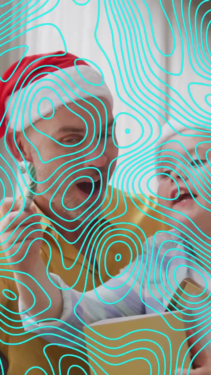 Animation of shapes over caucasian father and sons at christmas