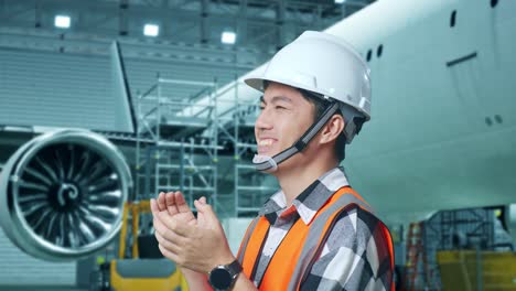 close up side view of asian male engineer with safety helmet standing with aircraft in the hangar. smiling to the camera and clapping hands while aircraft maintenance
