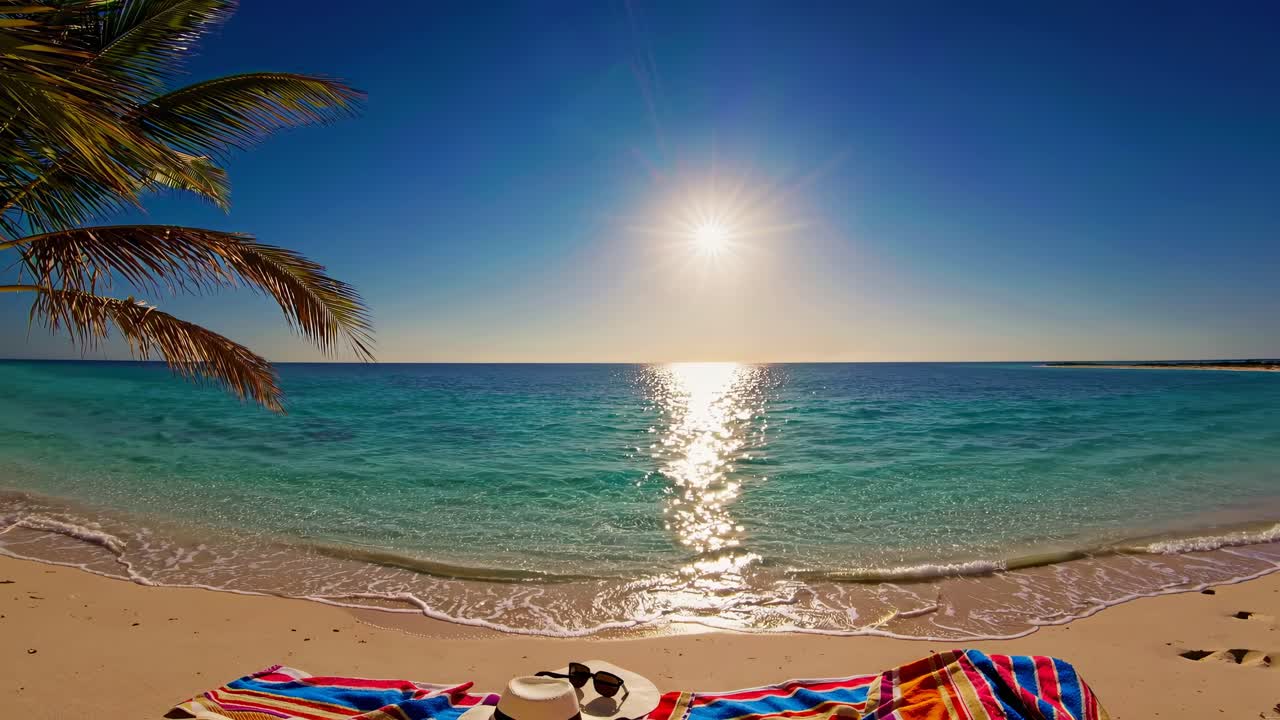 A serene beach scene at sunset, captured from a low angle. Vibrant towels and palm trees frame