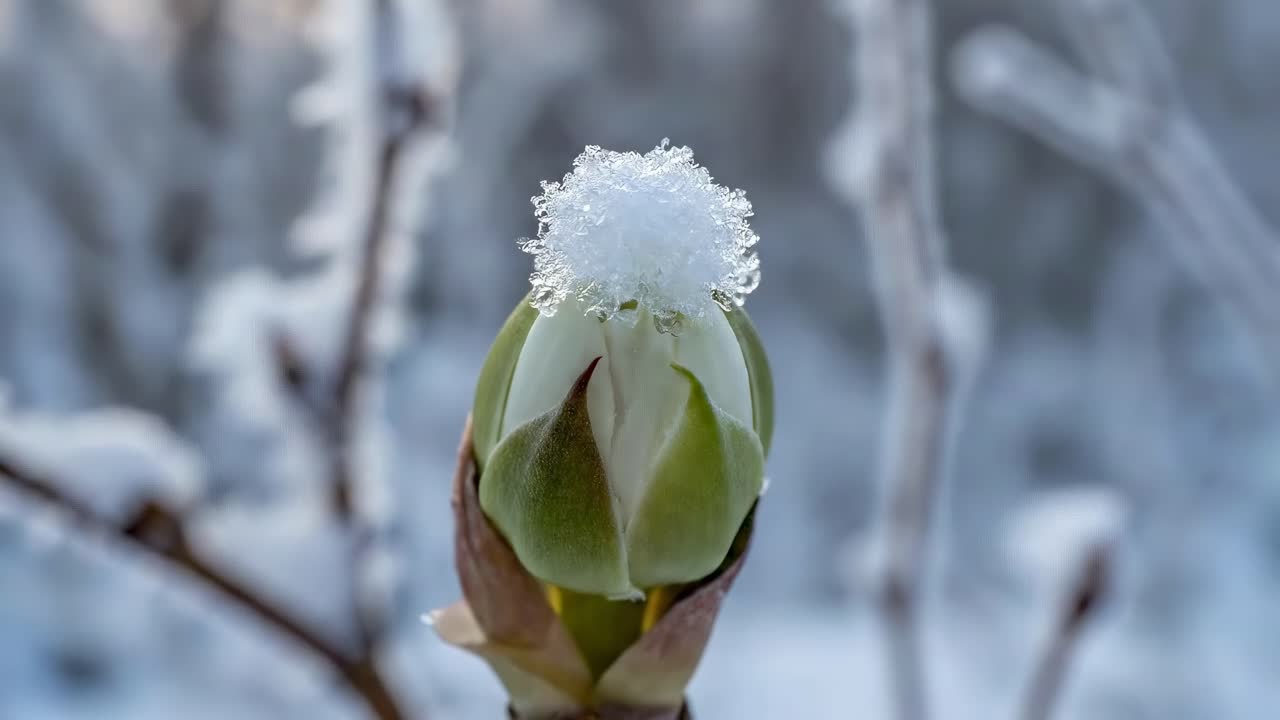 Close-up of a frosty bud with snow, captured at eye level. Perfect for nature video. Live desktop