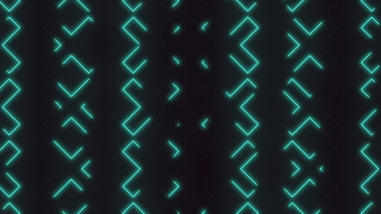 Seamless futuristic footage of glowing turquoise neon X shapes forming vertical lines on a dark background, ideal as a modern tech backdrop for presentations, events, stage visuals and VJ projections