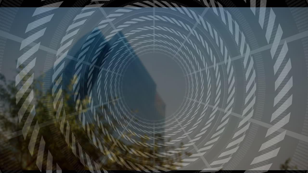 Upon loading concentric rings overlaying office facade and trees providing digital motif