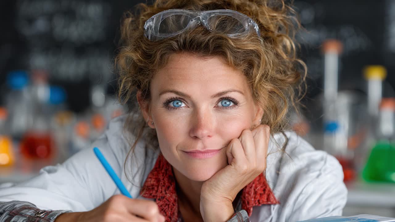 An Engaging Scientist Deep in Thought, Preparing Notes in a Laboratory Surrounded by Colorful Chemical Solutions in Glassware
