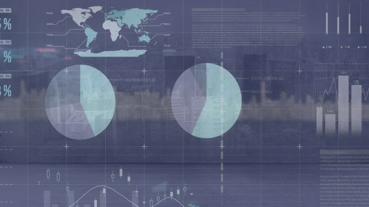 Animation of statistical data processing over grid network against aerial view of cityscape