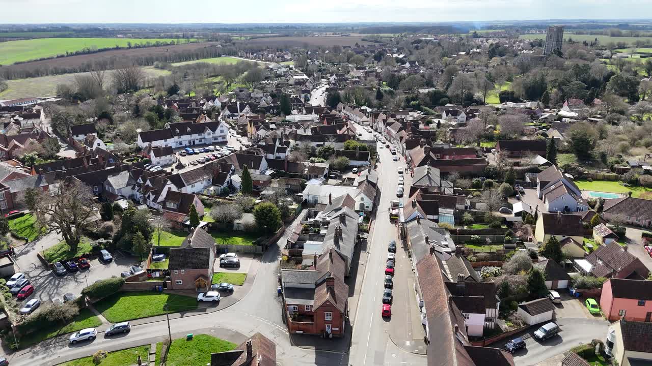Lavenham medieval Village Suffolk UK drone,aerial sun glints off roof
