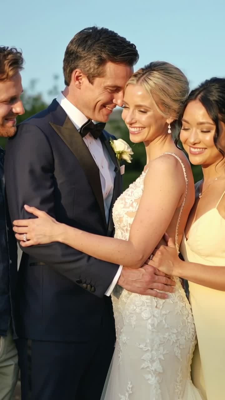 Video verticale: Sposi che si appoggiano, sorridono e chiudono gli occhi a comando in giardino, con abito da sposa in pizzo e smoking.