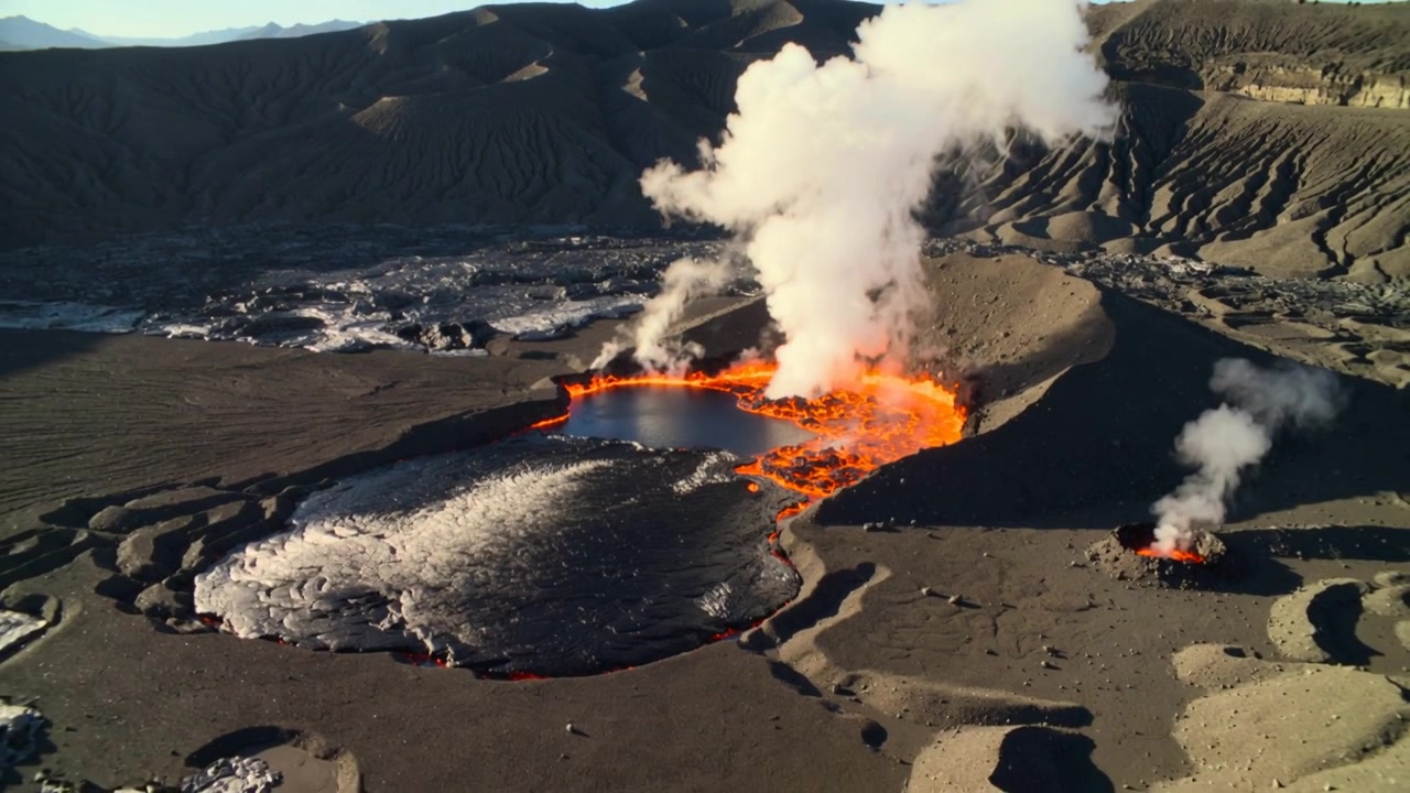 Mostra un lago di lava attivo che emette vapore e diffonde roccia fusa attraverso il cratere, con magma che si muove sotto