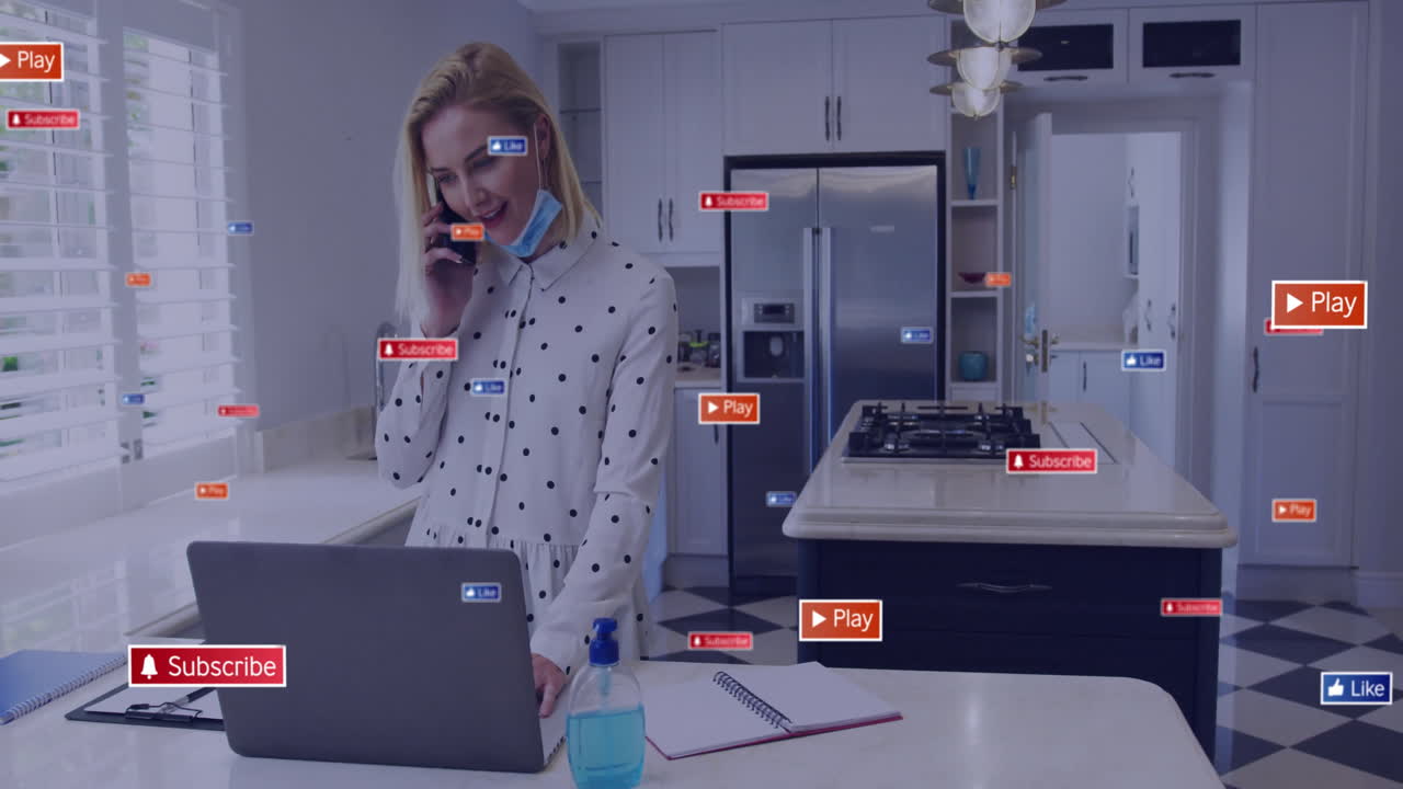 In kitchen, woman multitasking with laptop, phone, and animation overlay