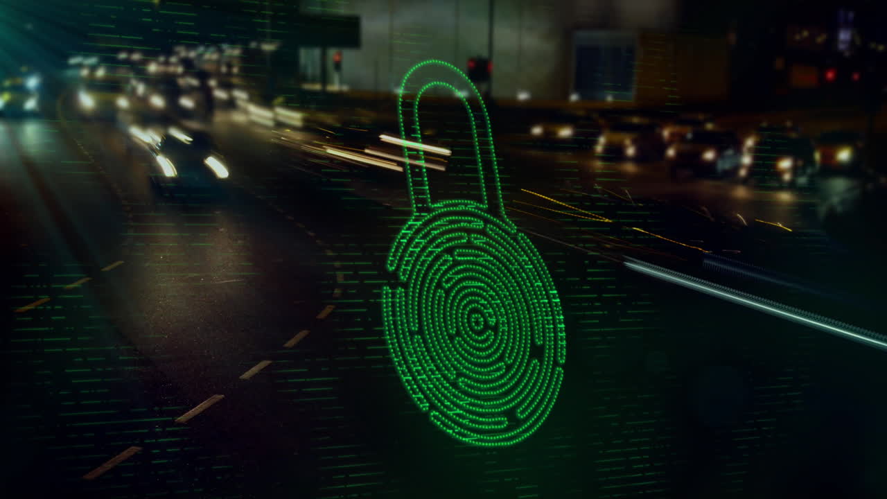 animación de la huella dactilar en el candado sobre el lapso de tiempo de los vehículos en movimiento en la calle en la ciudad