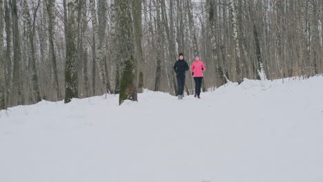 una pareja joven y saludable, positiva y hermosa, corriendo con ropa deportiva por el bosque en la soleada mañana de invierno.