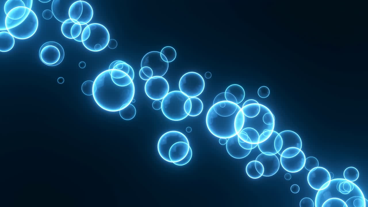 Bolle blu luminose fluttuano su sfondo scuro, simulazione molecolare microscopica evoca un laboratorio sereno