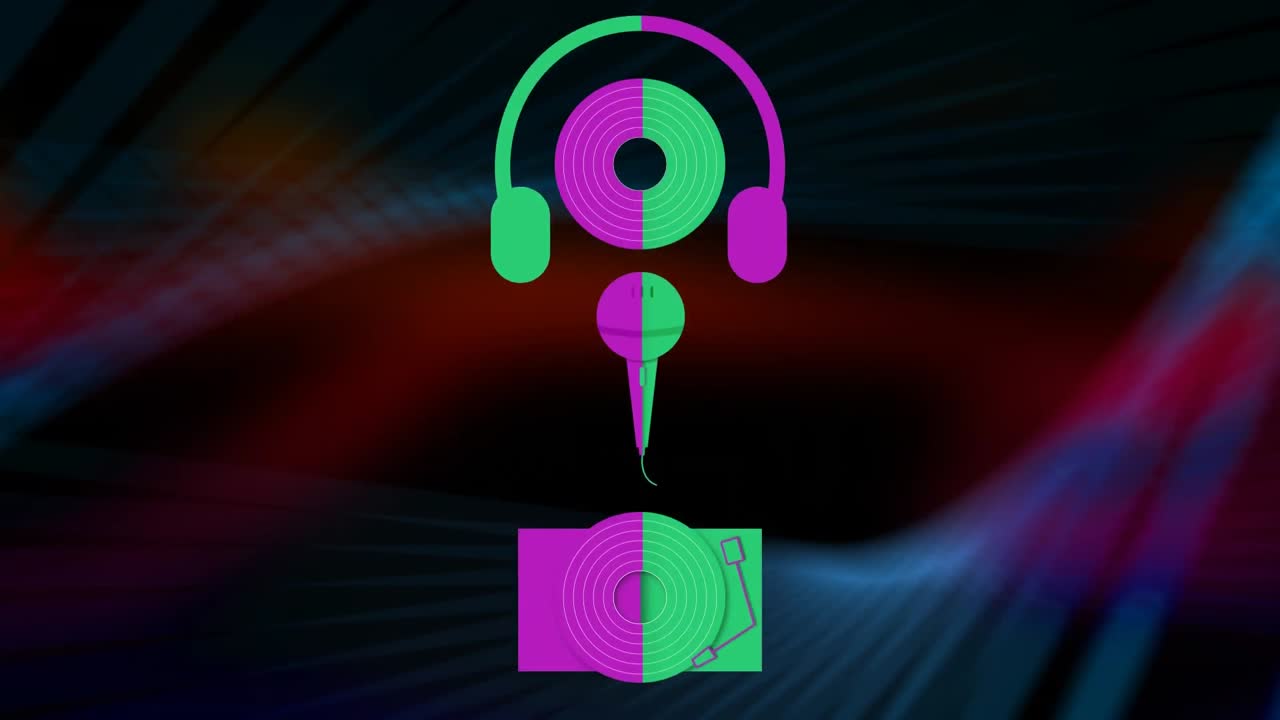 dj auriculares, mezclador y micrófono iconos contra las ondas digitales en fondo negro