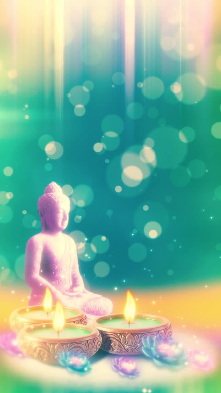 Sfondo meditativo viola suggestivo con tre candele accese e fiori di loto fluttuanti in un loop astratto continuo