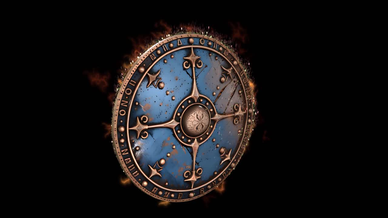 Bardzo szczegółowy projekt tarczy fantasy 3D 05 z efektem zużytej metalowej powierzchni, ozdobnymi nitami, świecącym emblematem i ognistymi płomieniami na ciemnym tle. Idealny do gier fantasy i epickich projektów VFX.