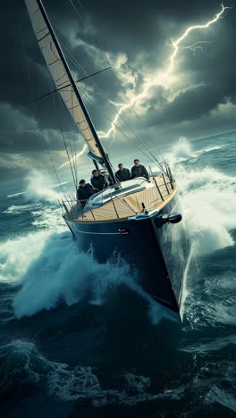 sailboat navigating a stormy sea with lightning