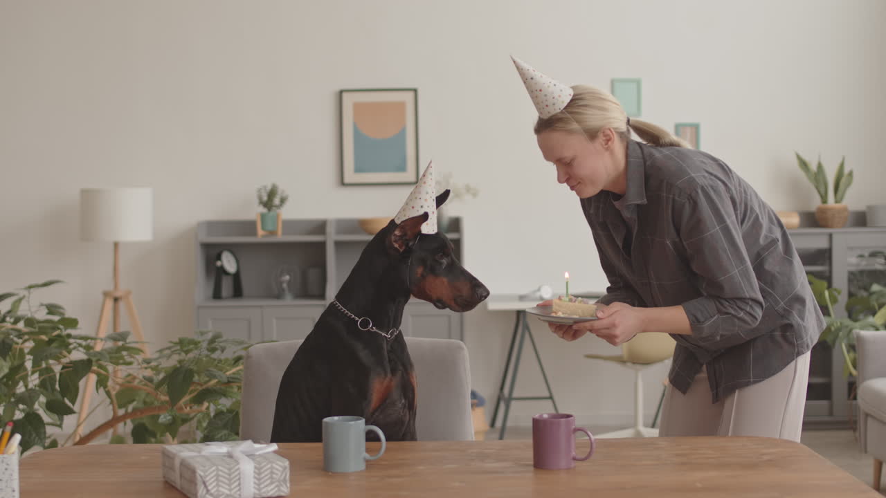 Woman Congratulating Dog with Birthday