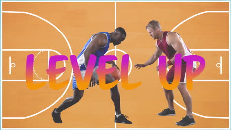 animation of words level up in pink and orange over two male players over basketball court