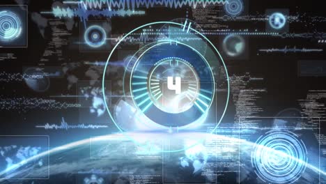 Animation-of-processing-circle-with-counting-over-diverse-data,-icons-and-globe