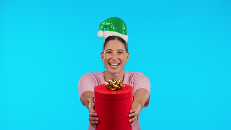 Holiday-face,-Christmas-and-a-woman-with-a-gift