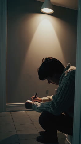 person writing in a dark room at night