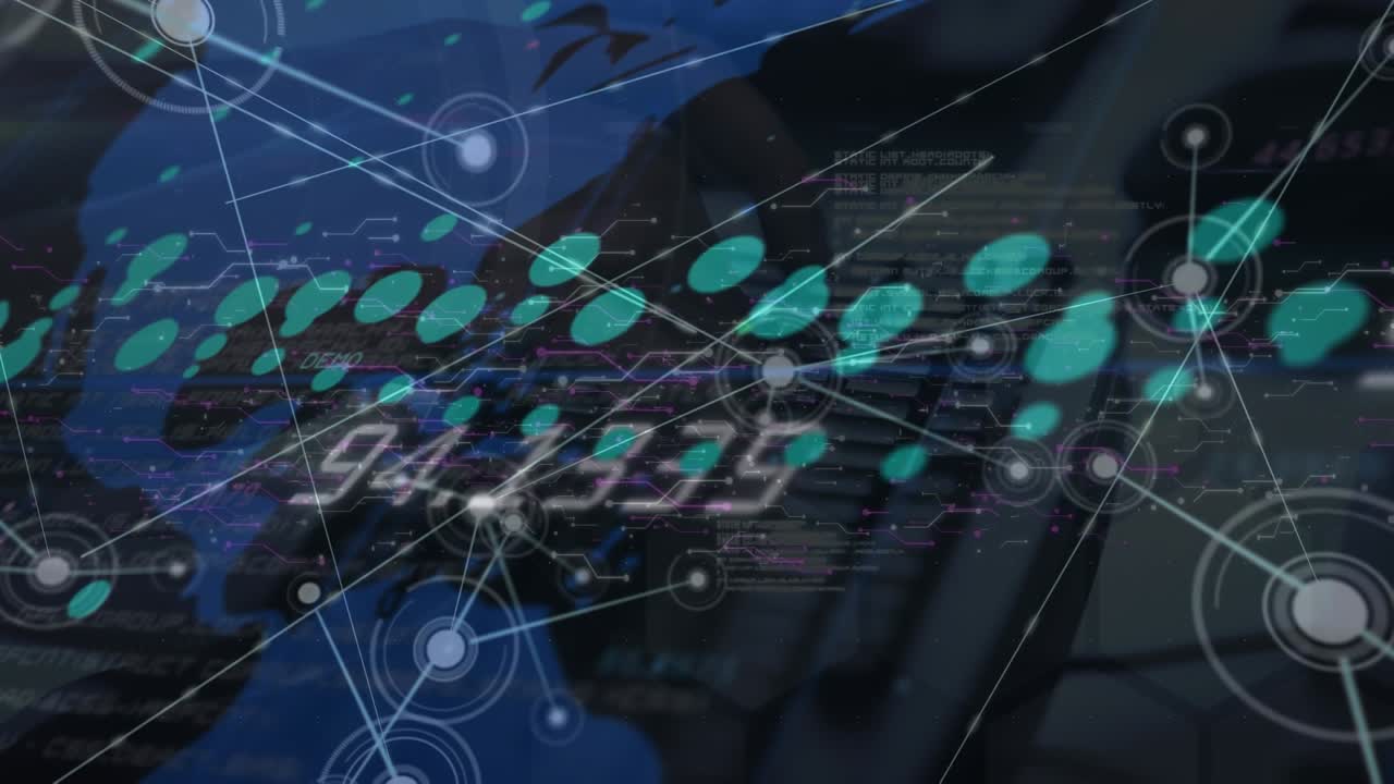 Animation of network of connections and stock market over cityscape