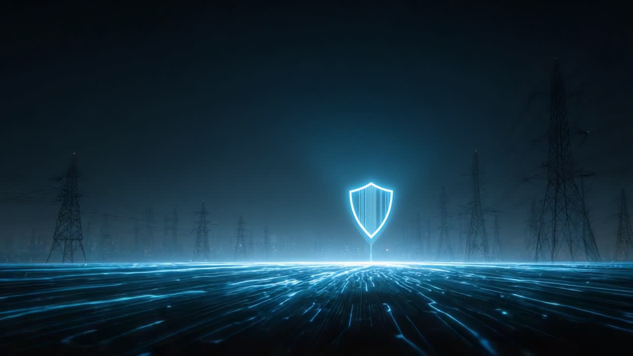 A Futuristic Shield Surrounded by Electric Power Lines in a Digital Landscape, Symbolizing Protection and Security within a High-Tech Environment