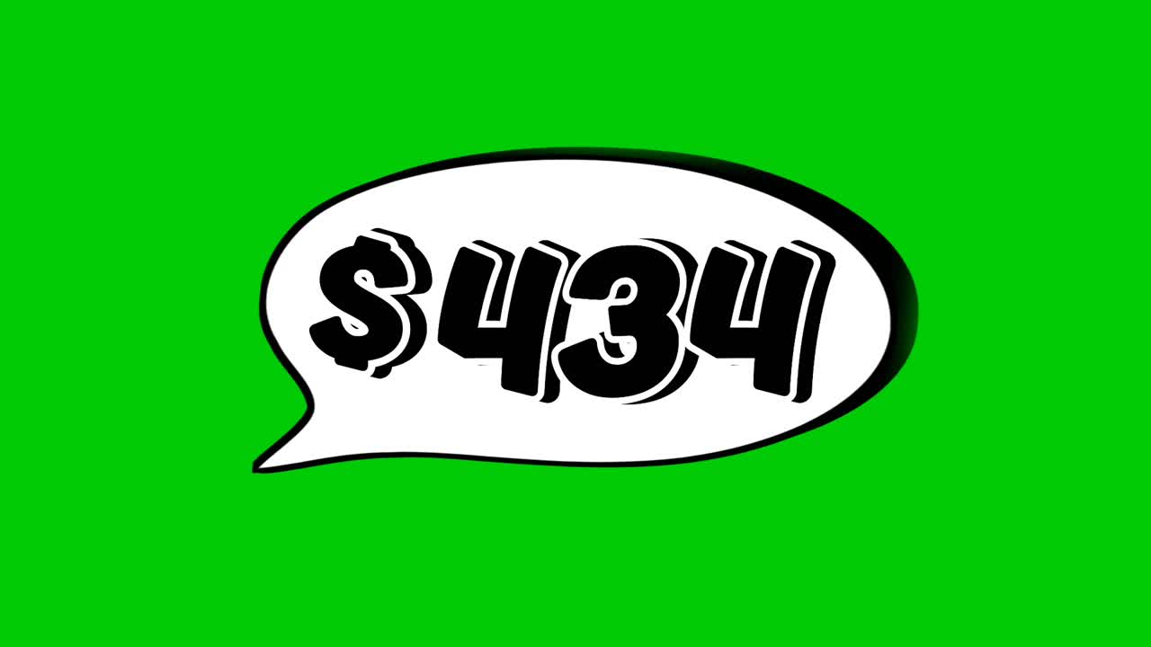 Animation $434 dollar price in a speech bubble green screen. Perfect for sales, ads, or promo videos. Easy to use and customize in your projects video element