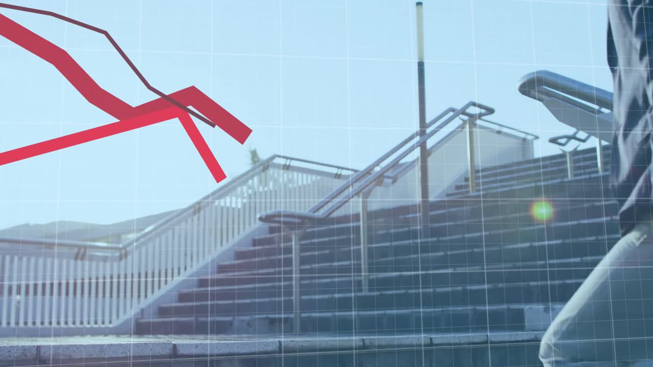 기업 공원에서 계단을 오르는 남자의 낮은 부분에 대한 통계 데이터 처리 애니메이션