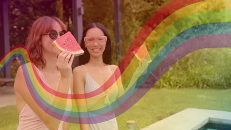 eating watermelon and smiling, women with rainbow animation over garden background