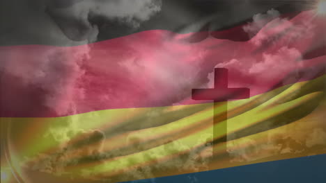 German flag with cross silhouette against dramatic cloudy sky in animation style