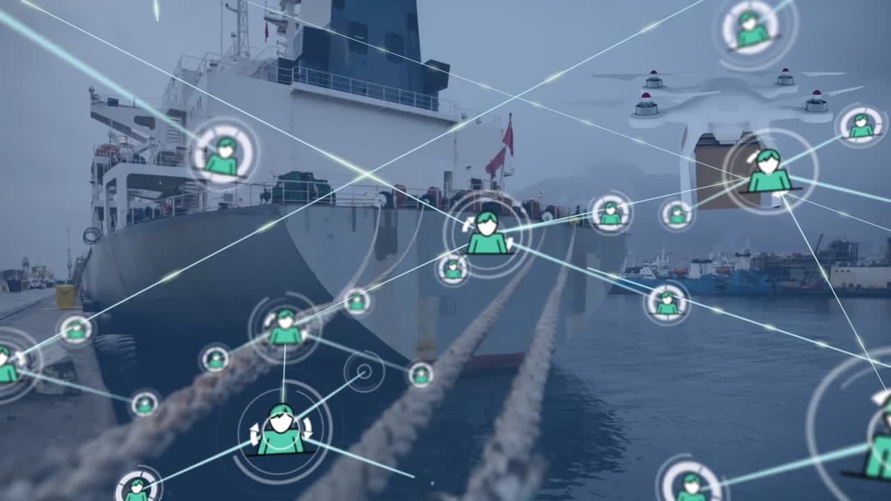Animation of network of profile icons against drone carrying a delivery package at a port