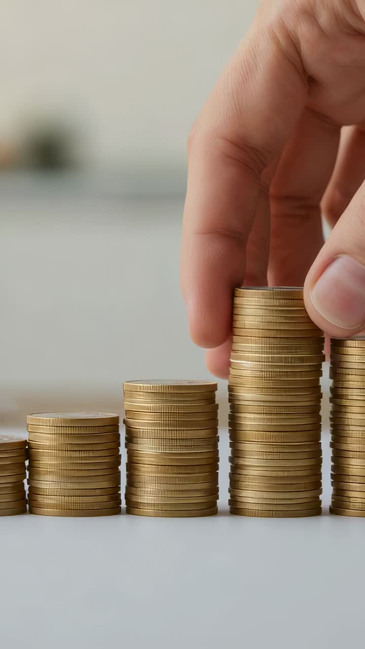Vídeo vertical: mão direita entrando em cena e colocando moeda sobre pilhas de moedas de ouro em cima da mesa, criando uma fileira ascendente