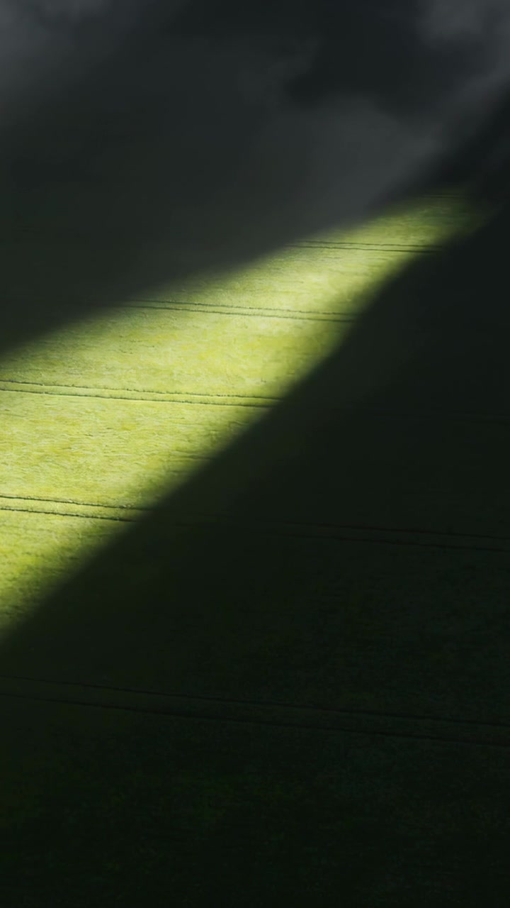 Vertical video: Cloud shift causing sunlit band sliding across green field above, revealing tracks