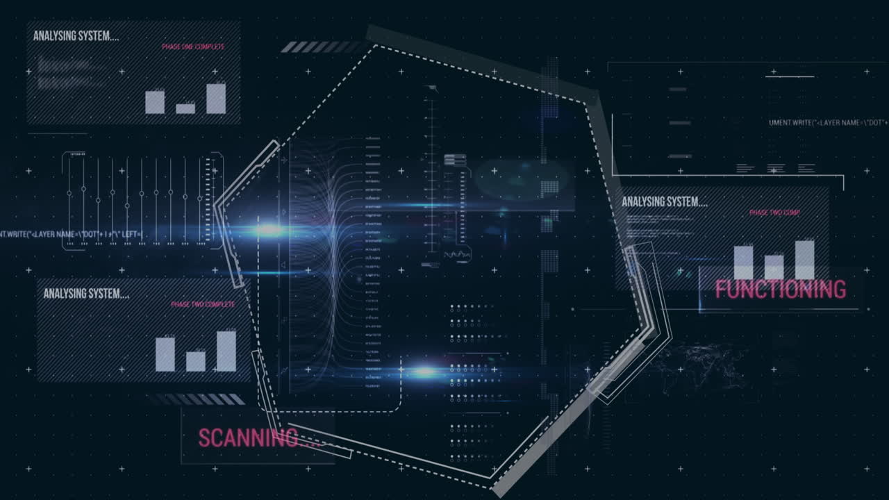 Animation of hexagons over graphs, texts, loading bars and computer language on black background